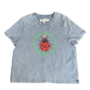 Tricia Fix- Sz Small- Crop T-Shirt- Cotton- Distressed Blue- ladybug Embroidery